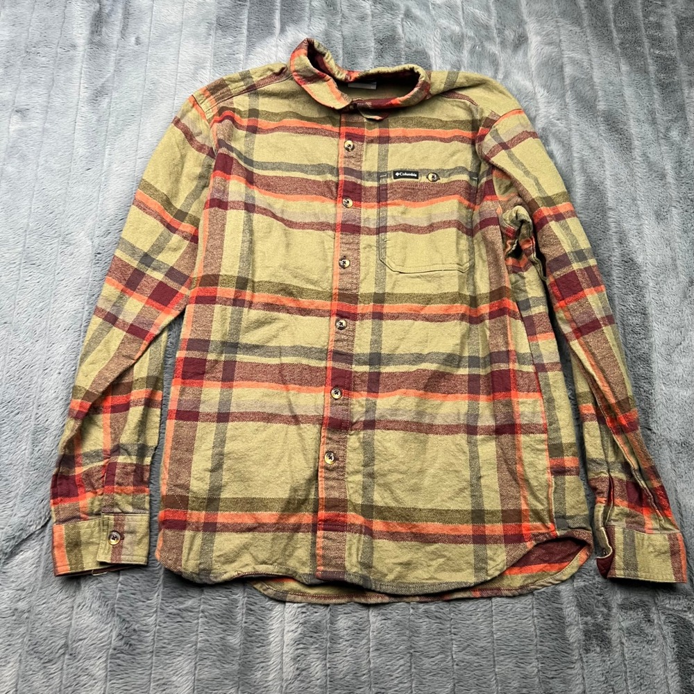 Columbia Mens Plaid Flannel Long Sleeve Button Down Shirt Green Orange AM8573 M